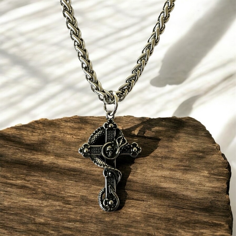 Large 316L Surgical Stainless Steel Biker Skull Snake Cross Pendant Necklace